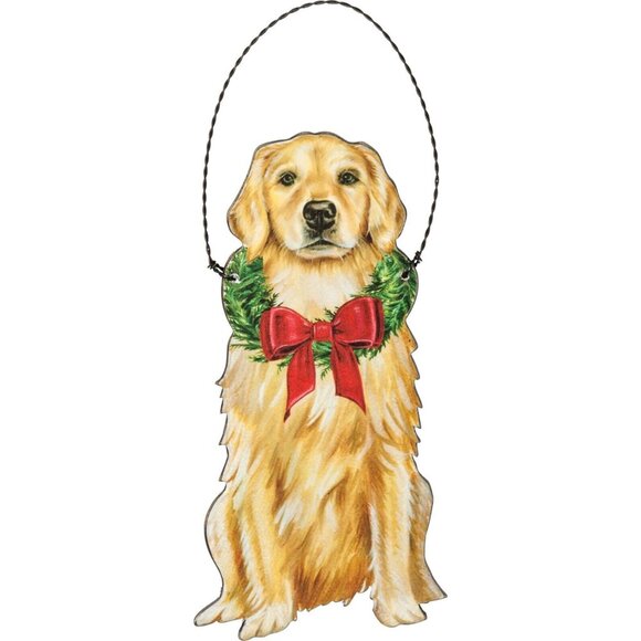 Golden Retriever Christmas Ornament By Primitives By Kathy Wreath Red Bow Design - Picture 1 of 3